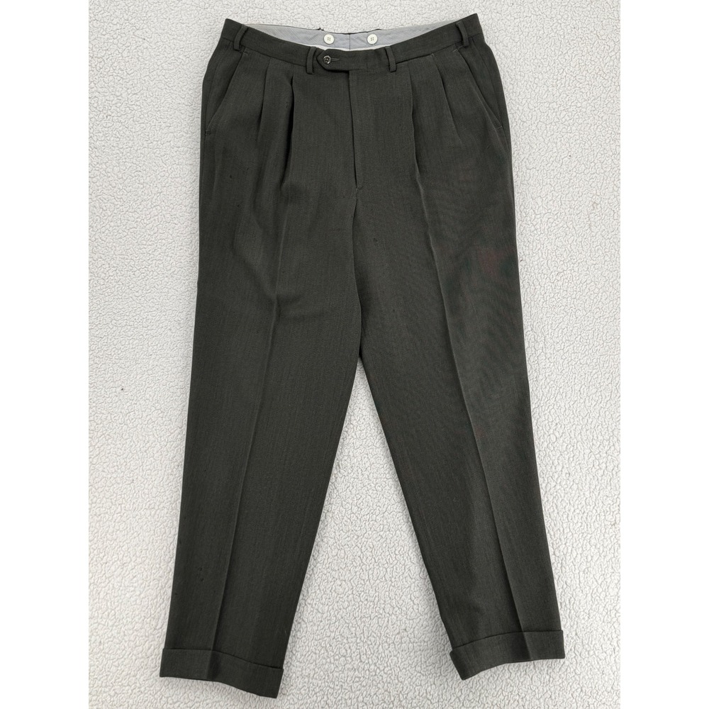 Luciano Barbera Vintage Dress Pants Men Size 38x32 Brown Wool Pleated Cuffed